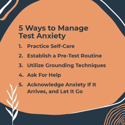 image with orange background describing the 5 ways to manage test anxiety