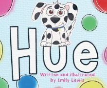 Book cover for the book Hue showing a spotted dog and poka dots 